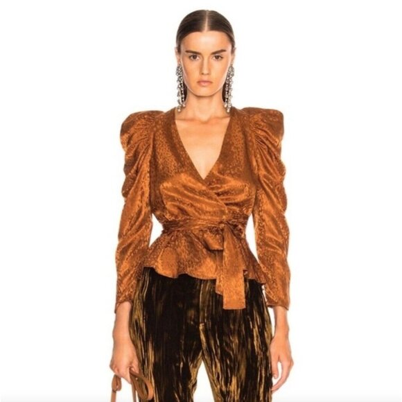 A.L.C. Tops - A.L.C. Blouse Womens 10 Brown Silk Wrap Top Puff Sleeve Peplum Jacquard Tie Belt